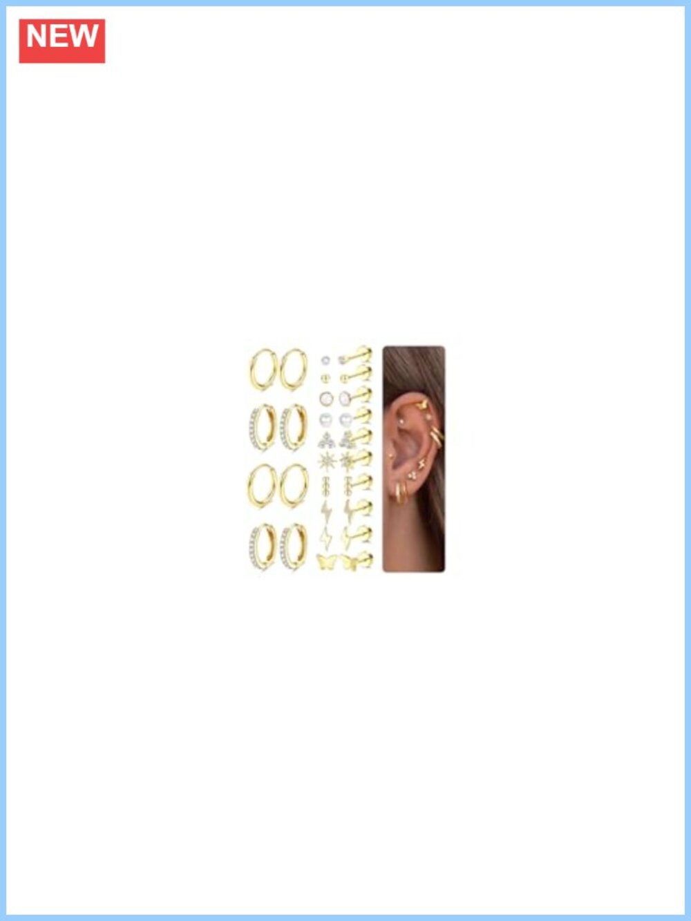 14K Gold Plated Flat Back Stud & Huggie Hoop Earrings Set